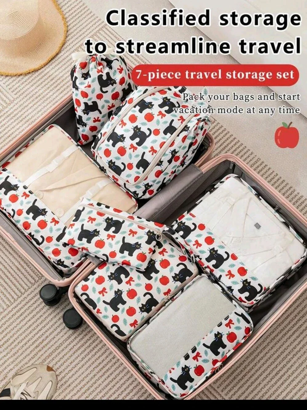 Cat & Apple Packing Cube Set - White with Black and Red Print